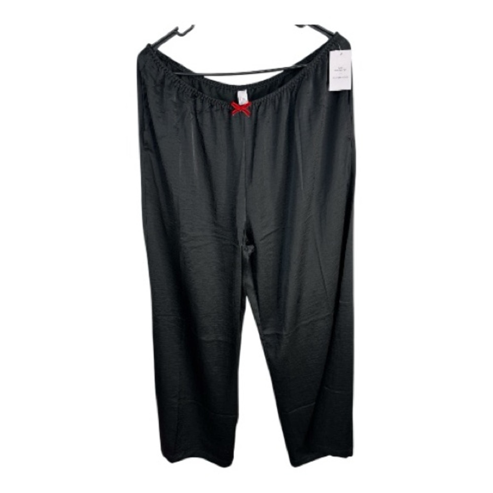 Auden Women’s Black Satin Wide Leg Pajama Pants with Red Bow Size L NWT